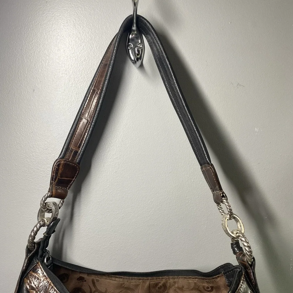 BRIGHTON Leather Women's Croc Purse Black&Brown Bag Tassel Hobo‎  9x13x2.5